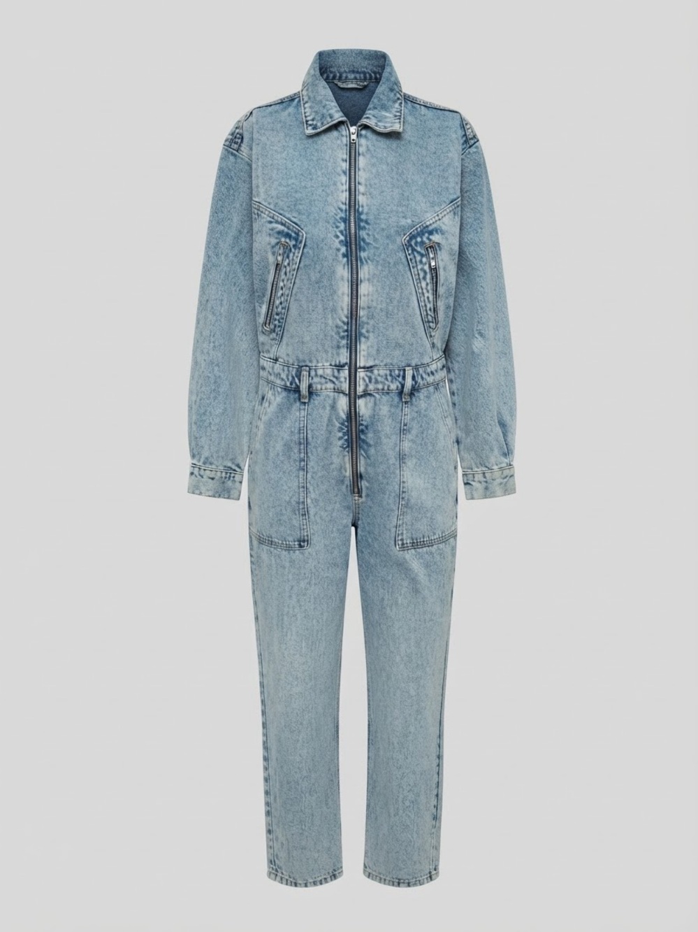 Mango MNG Denim Jumpsuit Women's XXL Light Wash Blue Zip Front 100% Cotton